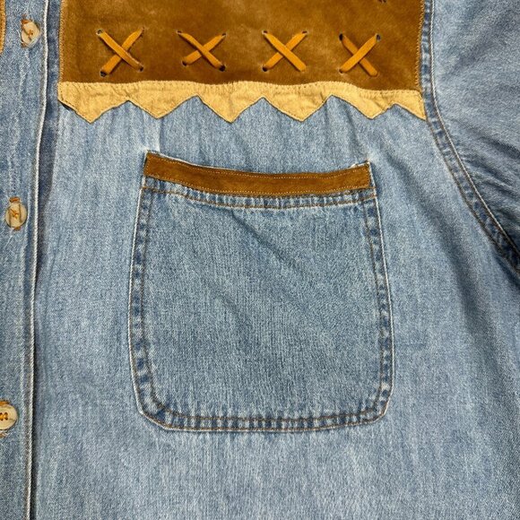 Vintage SAP Man Denim and Suede Button Up Long Sleeve Mens Shirt-Sz Large - Picture 5 of 12